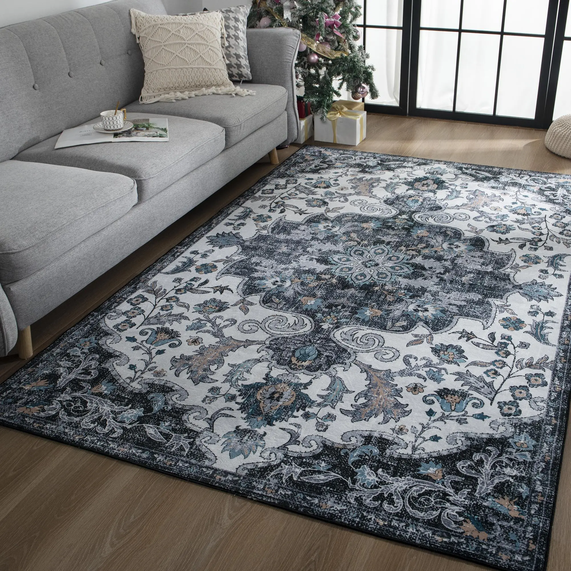 Retro floral carpet, anti-slip machine washable low pile living room rug, soft and non-shedding floor mat, 5x86x9 feet