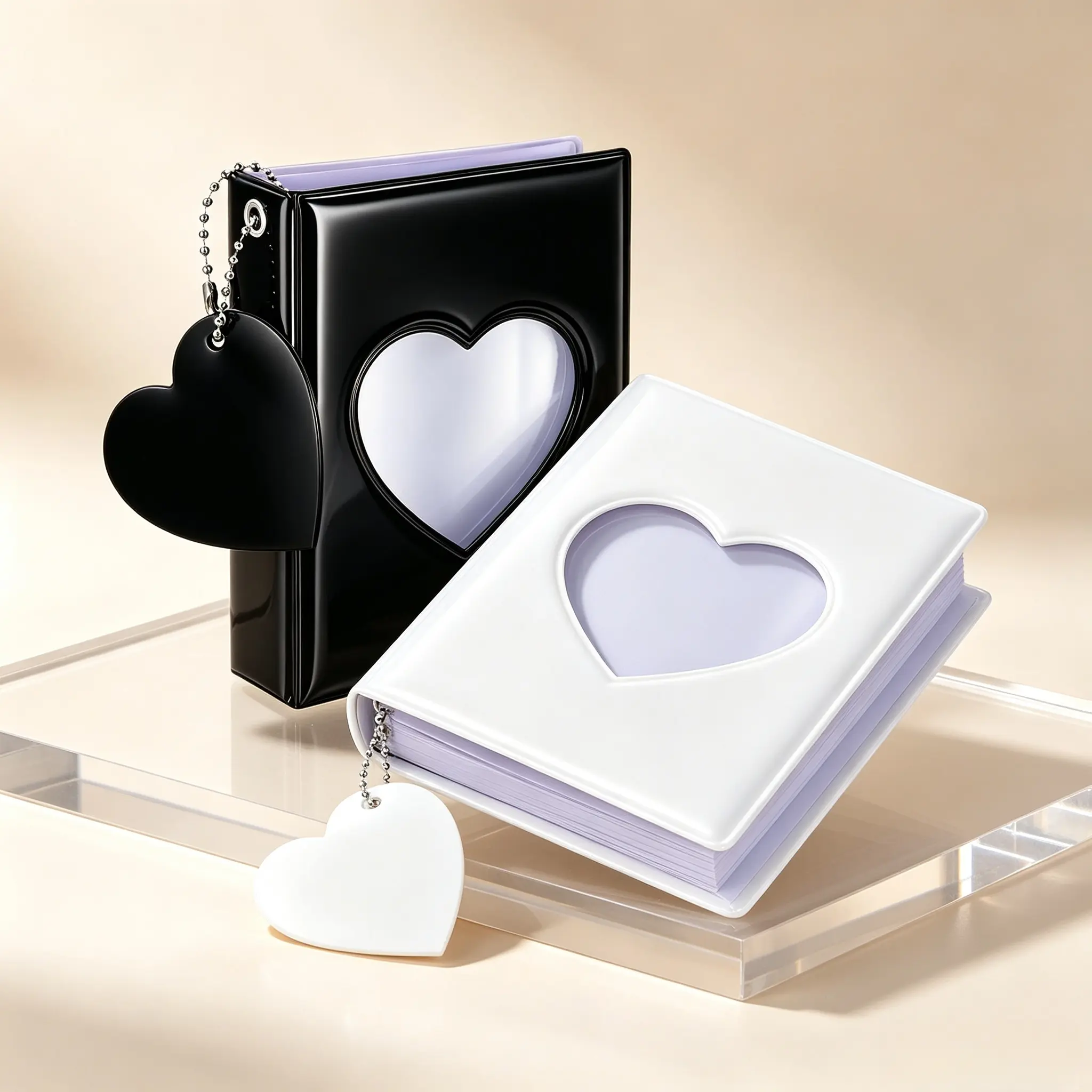 Photocard Holder Book, Mini Photo Album Mirror-Like Photocard Binder, Small Photo Card Book with 32 Pockets, Love Heart Hollow Photocard ID Holder with Love Heart Pendant, Cute Photocard Album for Trading Cards