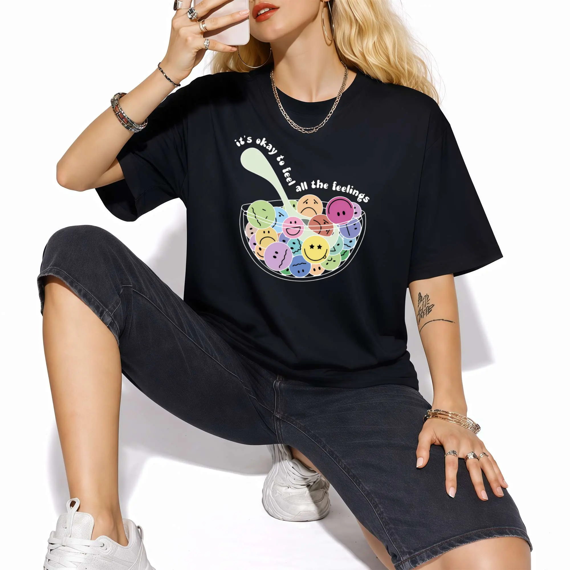 Oversized crew neck t shirt colorful mood face bowl spoon mental health quote graphic loose fit short sleeve women counselor daily wear tee