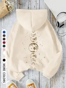 Women's Hooded Drawstring Sweatshirt, Graphic Moon Print, Comfortable, Stylish & Casual, Easy to Pair, Everyday Must-Have Closet Addition, Fall & Winter Fashion