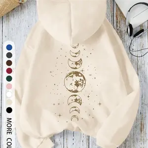 Women's Hooded Drawstring Sweatshirt, Moon Print, Comfortable & Stylish, Easy to Pair, Must-Have Closet Addition, Fall & Winter Fashion