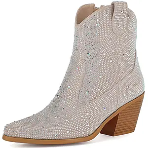 Rhinestone Cowboy Boots Short Wedding Glitter Cowgirl Boots Sparkly Metallic Western Ankle Boots