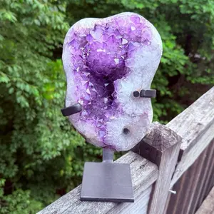 Uruguayan amethyst natural crystal geode on a custom metal stand