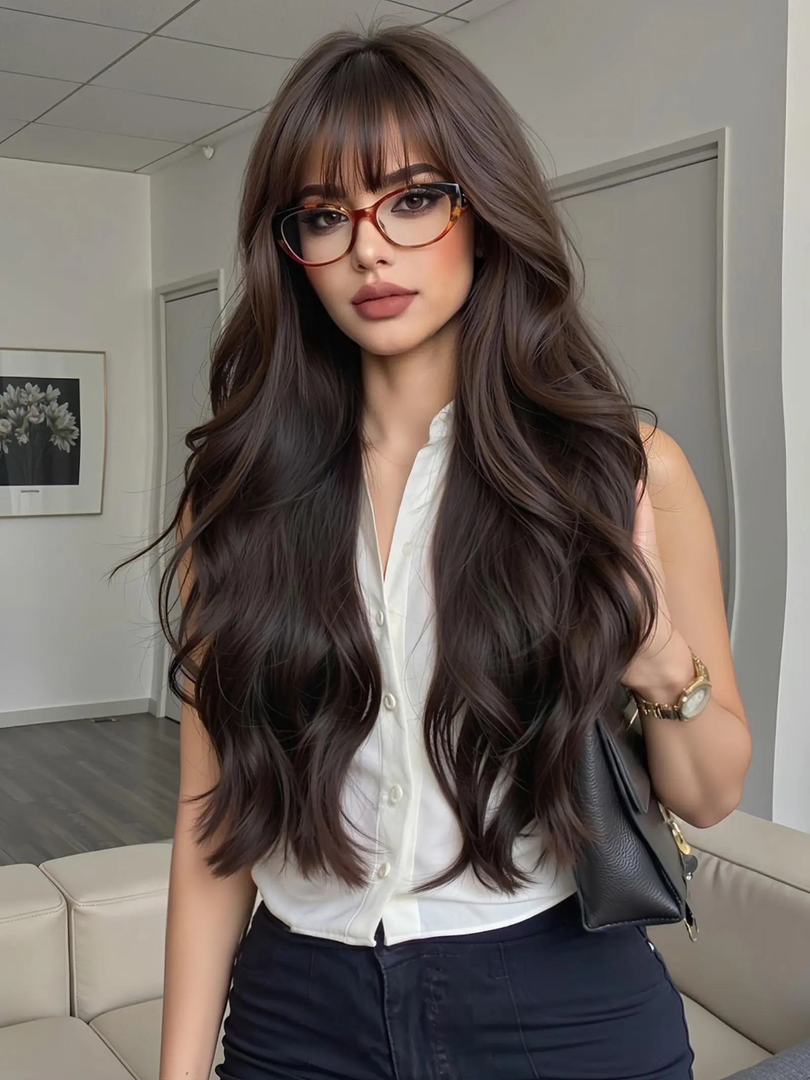 26 Inch Long Wavy Wigs for Women, Gorgeous Fashion Fluffy Wigs with Bangs, Synthetic Full Machine Wigs for Party, Daily Use, Loose Wave Wigs, Daily Wear Wig, Synthetic Hair Wig, Body Wavy Wig