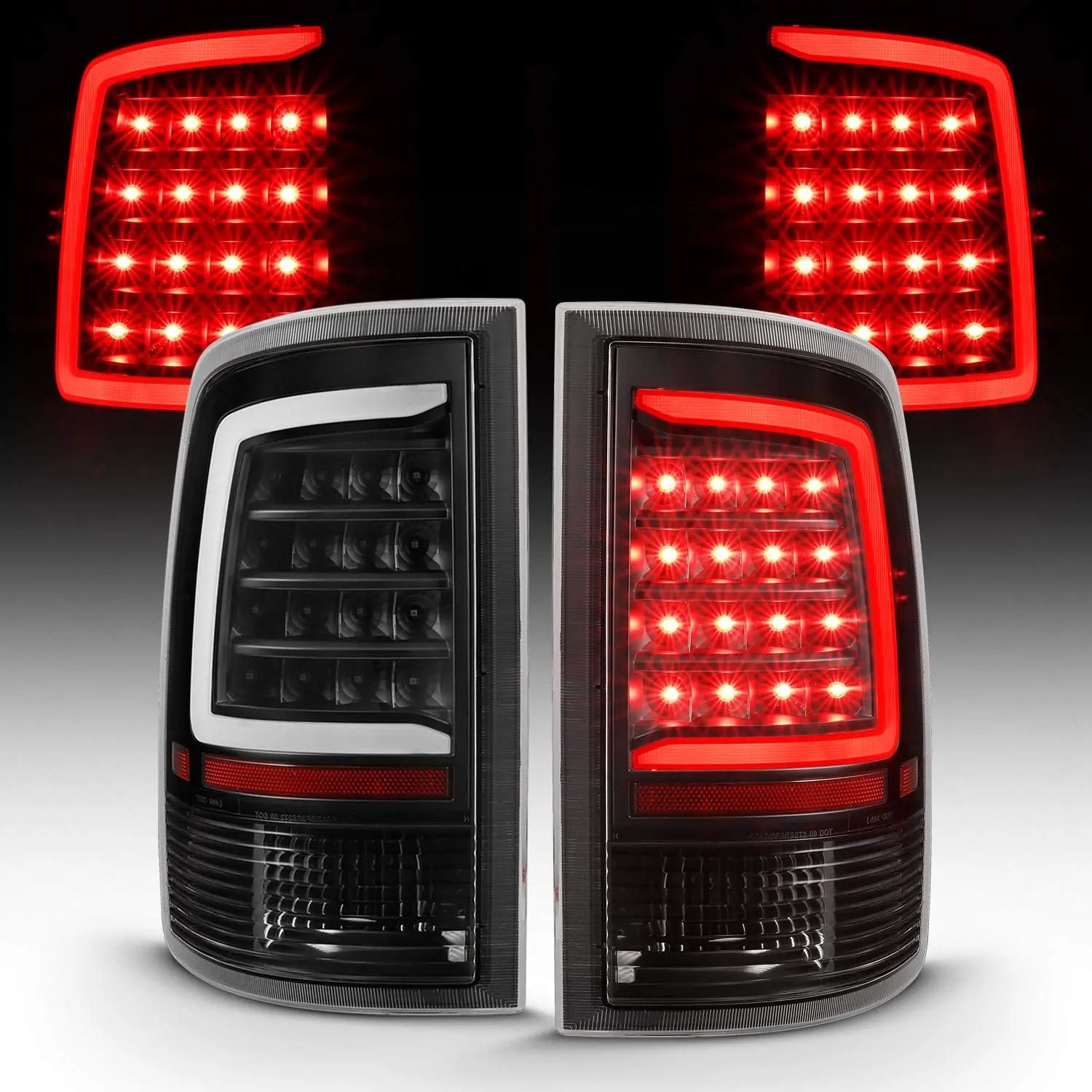 AmeriLite for 2009-2018 Dodge Ram 1500/10-18 Ram 2500 3500 Truck C-Type LED Tube Black Replacement Tail Light Assembly Pair - Passenger and Driver Side