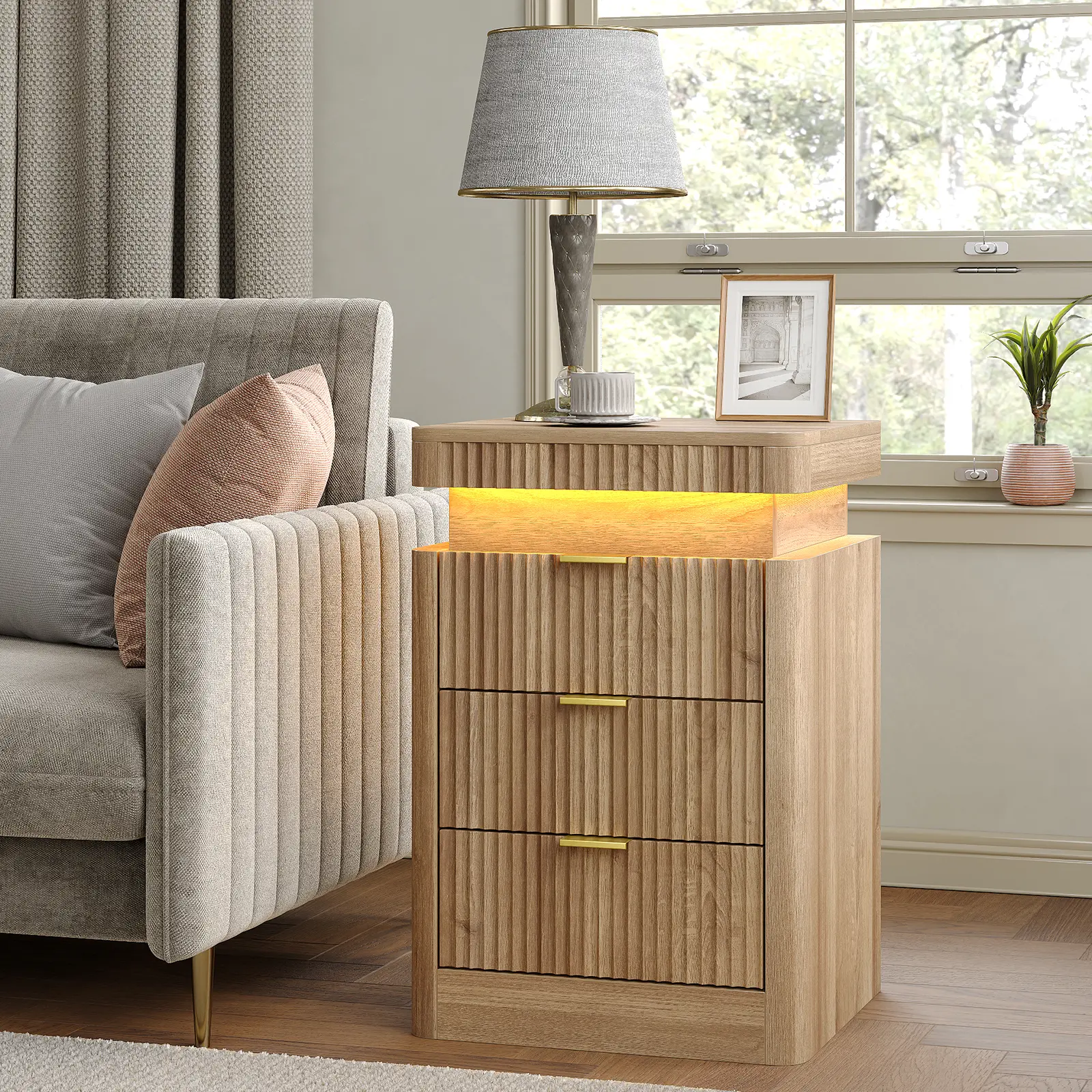 FUSOU Modern 3-Drawer Fluted Oak Nightstand Set of 2 - Stylish Bedside Tables with Charging Station, Sliding Top, Outlets/USB, LED Lights (17.7''w x 15.6''d x 26.4''h, Assembly Required) for Small Spaces Home Decor, Aesthetic Apartment Decor Furniture, St