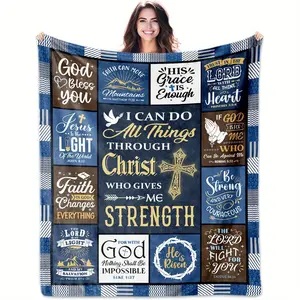 Christian "I Can Do All Things Through Christ" Religious Print Blanket - Soft Cozy Flannel Plush Throw, Blue Gold Cross Bible Verse Design, Warm Fuzzy for Bedroom Sofa, Ideal Baptism Christmas Gift for Christian Home Decor, Religious Print Blankets