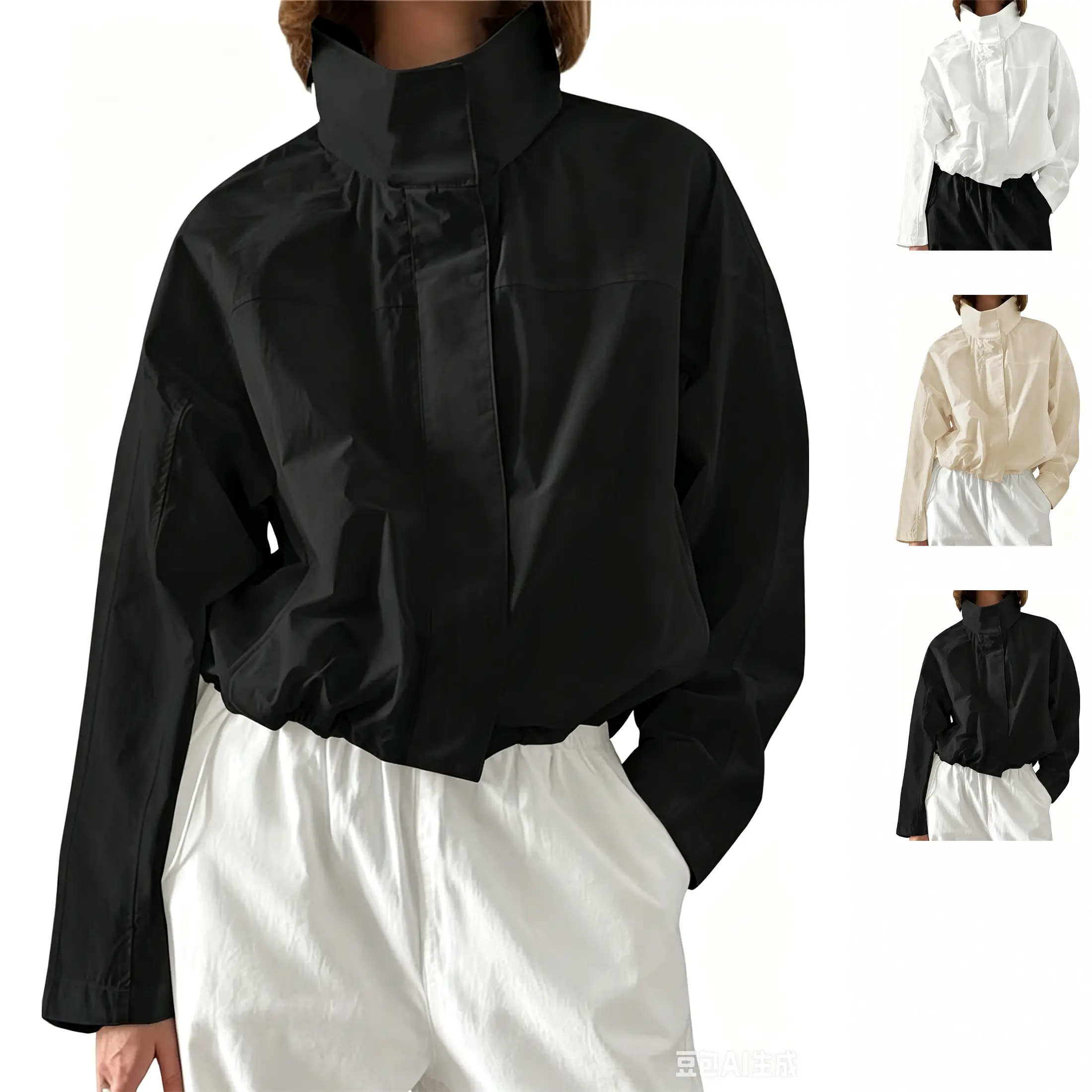 Wandal Women Oversized Cropped Stand Collar Windbreaker Lightweight Half Zip Casual Jacket Sun Protection Spring Fall Outerwear