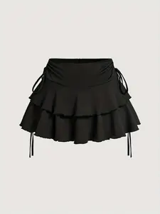 Women's Solid Tiered Layer Ruffle Hem A Line Skirt, Cute Fashion Casual Tie Side Short for Daily Outdoor Wear, Ladies Bottoms Summer, Stretch, Chic, Versatile, Comfort, Style, Outfit, Essential, Trendy