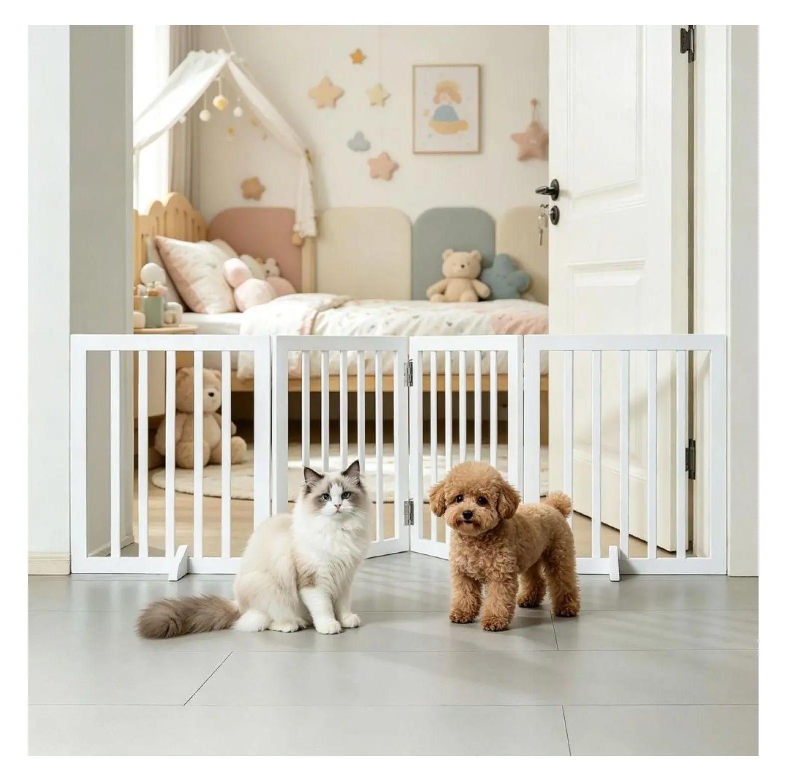 Freestanding Dog Gate 80.3 Inches, Modern Pet Barrier for Indoor Use, Foldable Wood Safety Gate, Adjustable Width, Stable & Sturdy default title, Stairs, Kitchens, 20-Inch Wide Panels