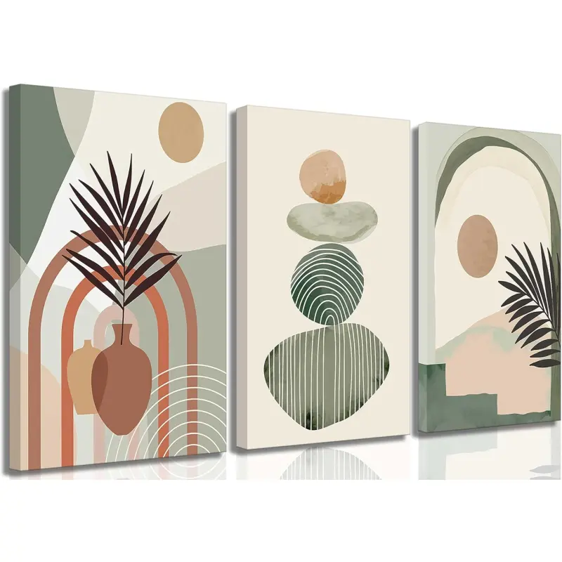 3 Pcs Mid Century Modern Boho Abstract Canvas Wall Art Neutral Green Bohemia Sun and Plant Pictures Wall Decor Posters Print Artwork for