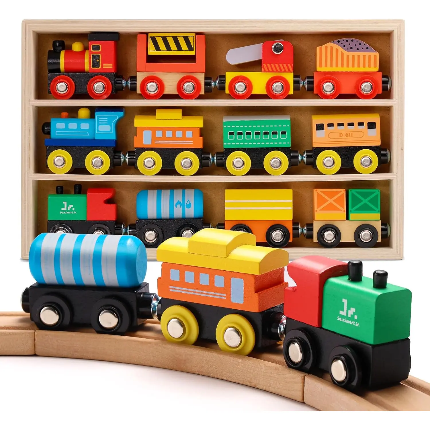 Wooden Train Set 12 PCS - Train Toys with Storage Box, Magnetic Toy Trains Compatible with All Major Brands, Gift for Toddlers, Boys and Girls Aged 3+
