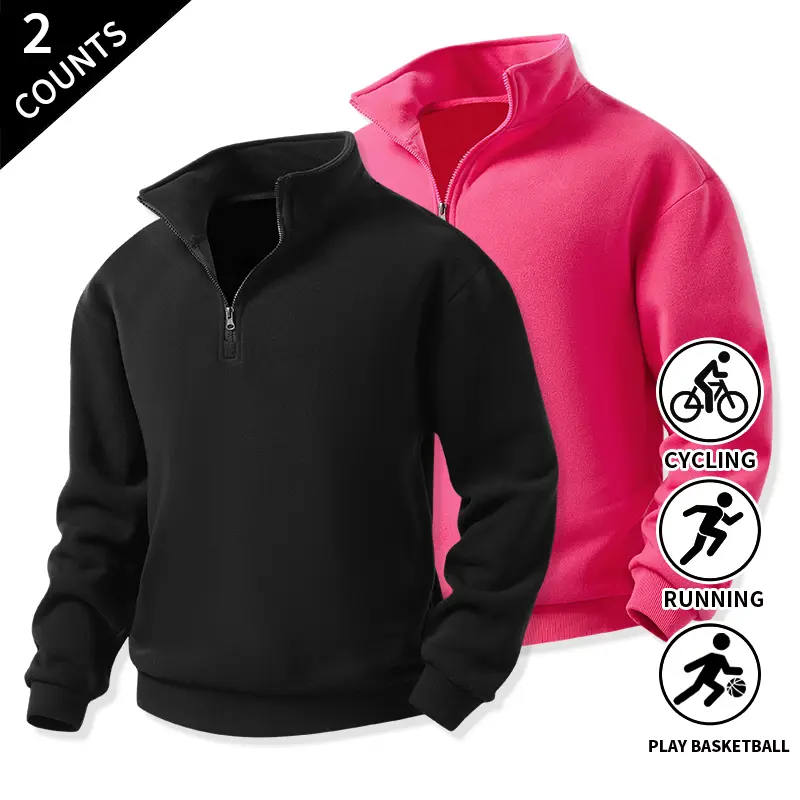 2-Pack Men’s Quarter-Zip Stand Collar Sweatshirts, Standard Fit Long-Sleeve Pullovers for Cycling, Running, Basketball, and Everyday Sports Outfits