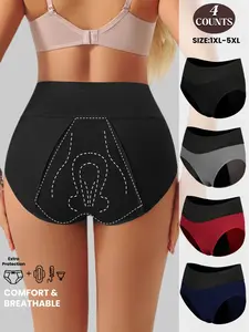 PLUS SIZE Women's Comfortable High-Waisted Period Panties, Wide Elastic Waistband, Non-Irritating, Plain Color, Plus Size, All Seasons