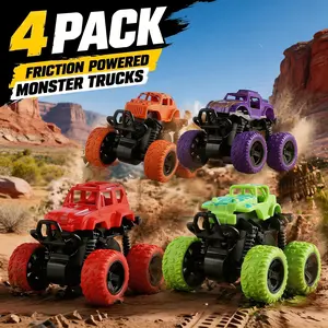 4Pcs Friction Powered Monster Trucks Toy for Kids, Pull Back Off-Road Toy Cars with Oversized Tires, Durable Shockproof Vehicles for Toddlers Boys Girls 3+ Years Old, Indoor Outdoor Play, Birthday Gifts Colorful Wheel