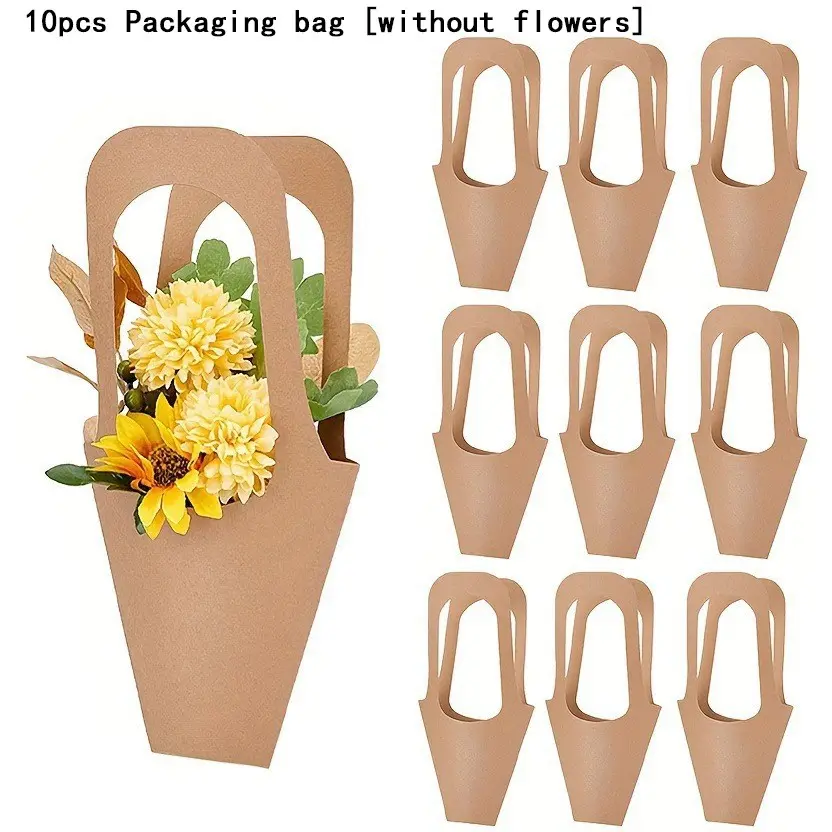 10 Pcs Kraft Paper Bouquet Bags, Handheld Bouquet Gift Bags, Rustic Wedding Party Decorations, Birthday Anniversary Celebrations