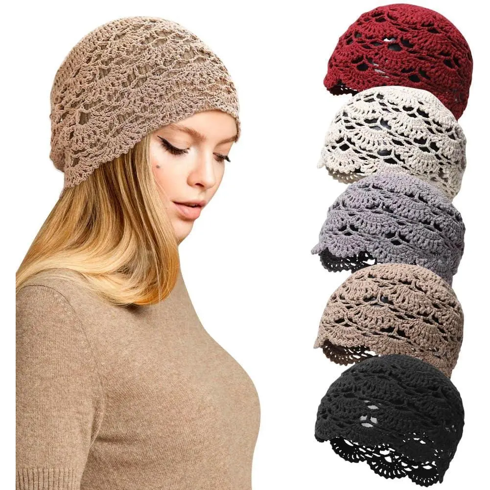 Women's 5Pcs Handmade Crocheted Slouchy Beanies - Flower Accent, Lightweight Knit, Cutout Floral Skull Caps for Fall Summer (Knit Cap Hats for Girls), Flower Crochet Hats