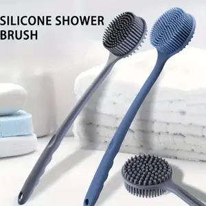 Long Handle Silicone Bath Brush Double-Sided Shower Scrubber with Soft Massage & Foaming Bristles Ergonomic Back Cleaning Brush Free Facial Brush & Hanging Hook Personal Hangable Black Exfoliating Bath Sponge Body Care Tool