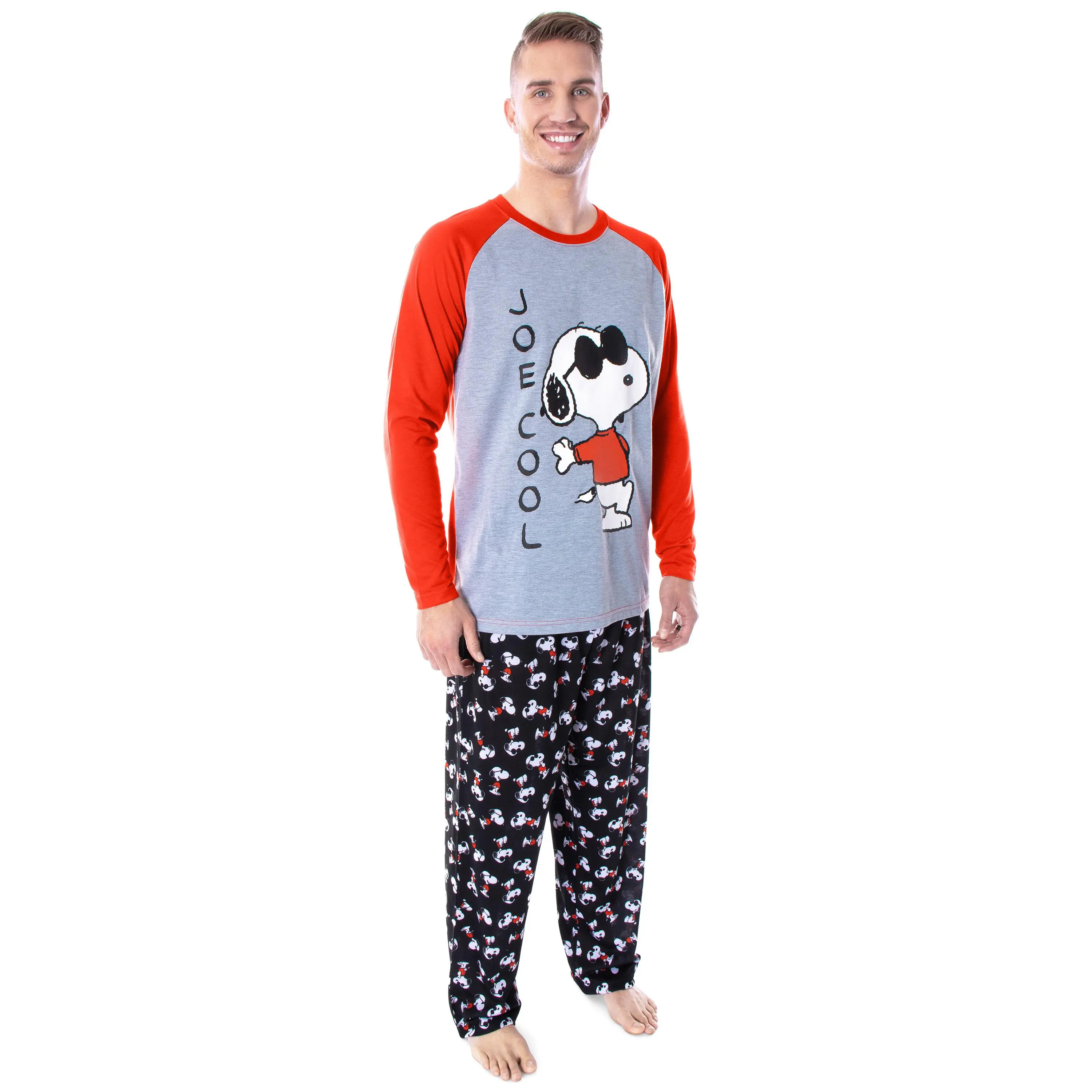 Peanuts Men's Joe Cool Snoopy Pajamas Long Sleeve Raglan Shirt And Pant 2 Piece Pjs Adult Pajama Set
