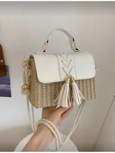 Women s Tassel Handbag Woven Rattan Straw Box Top Handle Bag Color Block Flap Crossbody Bag