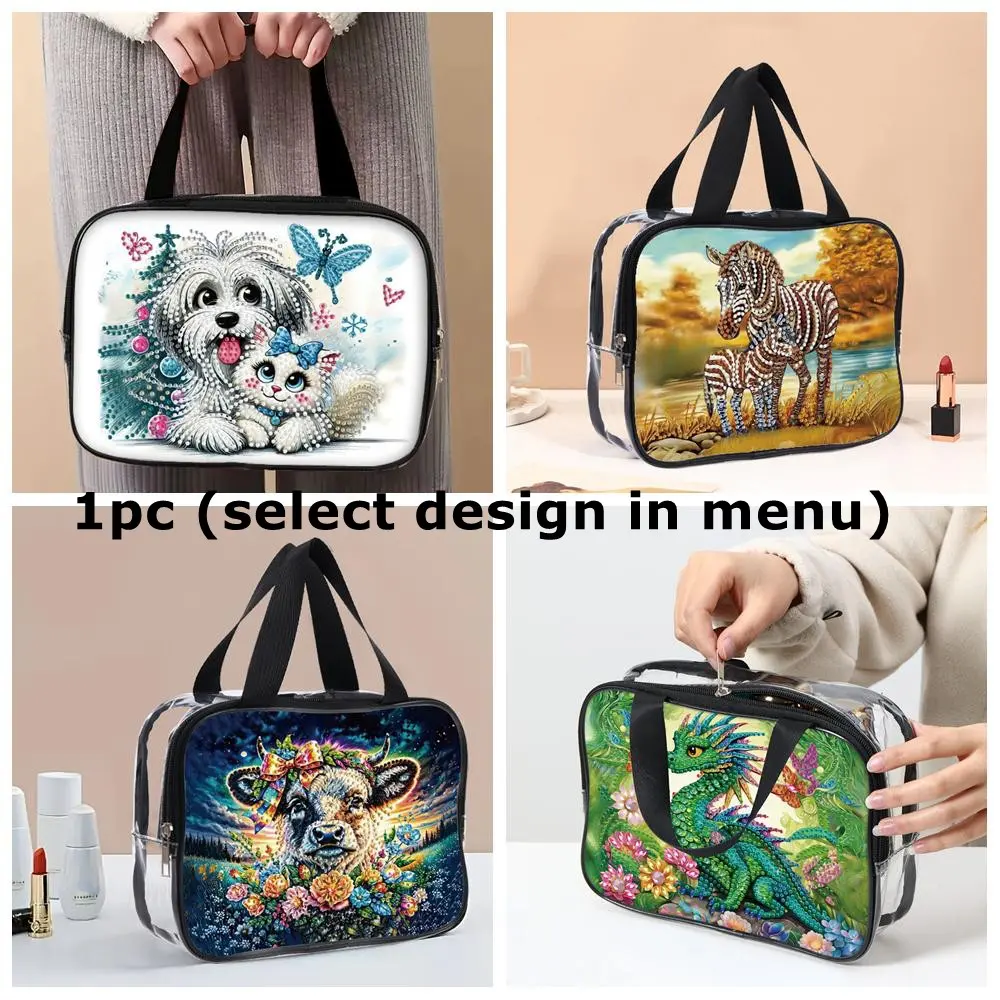 1pc DIY Animals Diamond Art Cosmetic Bags for Women, PVC Transparent Handbags with Zipper, Transparent Vanity Bag, Easy to Clean Diamond Painting Makeup Bags, Gift for Friends and Family, for Holidays, Makeup Pouch