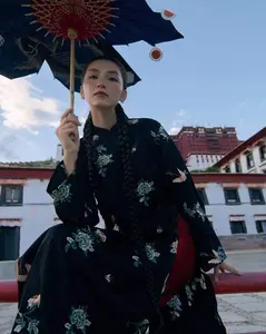 "Huyen Tuoc" Ao Dai set - Embroidered Flowers on viscose in black [Traditional Cut]