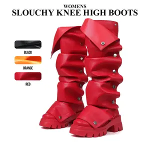 CYNLLIO Womens Slouchy Fold Over Platform Knee High Boots Chunky Heel Round Toe Pull On Comfy Fashionable Detachable Snap Off Metalic Studs Party Holiday Outing Dress Casual Spring Summer Tall Long Boot