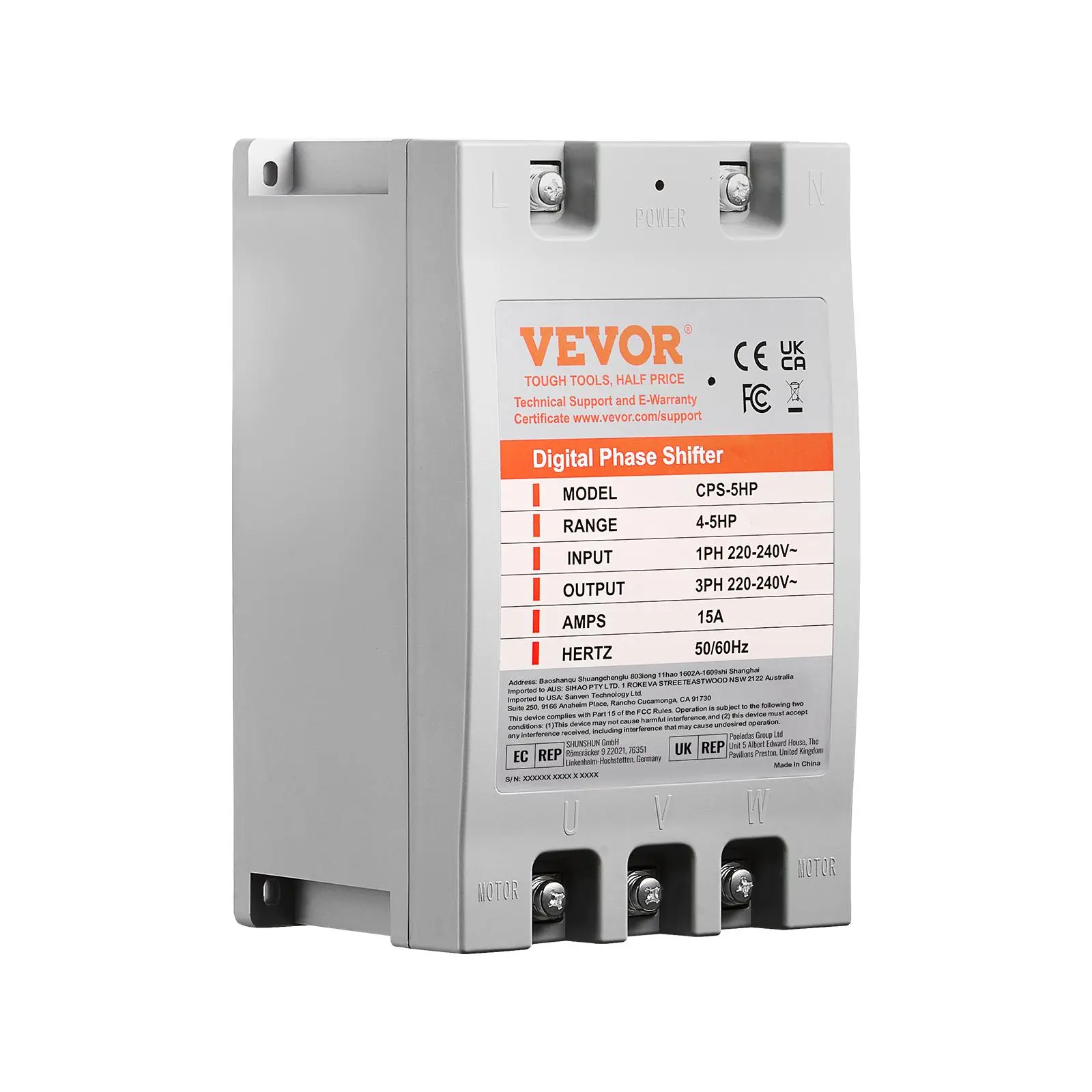 【toolupgrade】VEVOR 3-Phase Converter - 5HP 15A 220V-240V Single to 3-Phase Digital Shifter, 5HP Motor Ready, Digital Control, 4.1 lb Compact, 9.8"x5.9"x5.3" Fits Tight Spaces, Low HF Interference for Commercial Use (1 Converter for 1 Motor Only)
