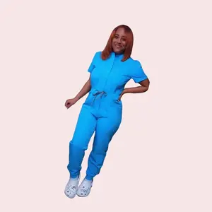 House of Scrubs Women's Aqua Fitted Crew Neck Short Sleeve Ribbed Bottom Scrubs Romper for Hospital Workwear All Seasons Casual Style Korean Dopamine Stylish Garment Minimalist Jumpsuits - Womenswear