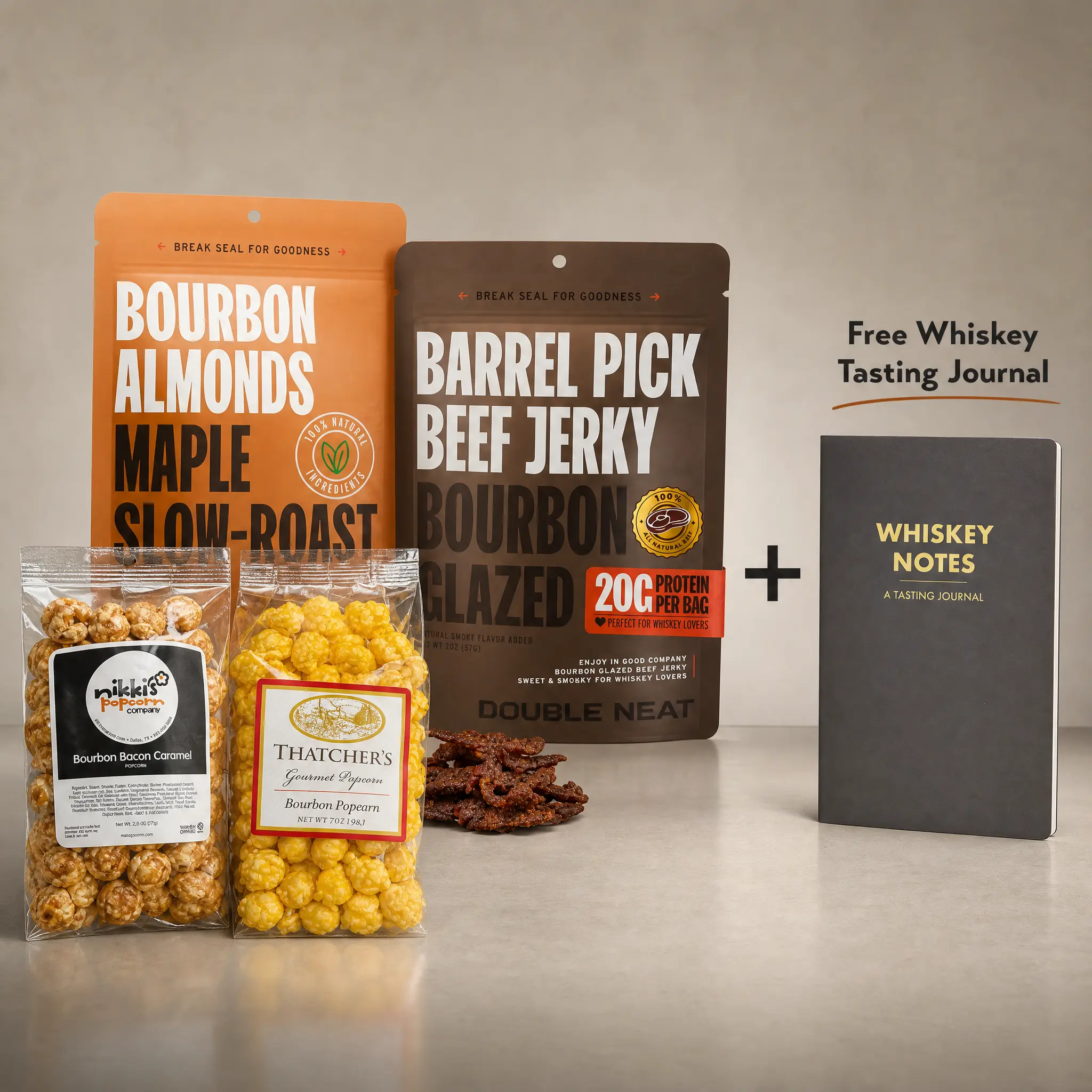 Bourbon Lover Snack Gift Set | Bourbon Jerky, Almonds, Bacon Bourbon Popcorn , Butter Caramel Popcorn + FREE Whiskey Tasting Journal Food Bundle