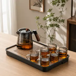 teapot set 600ml Large Capacity Glass Teapot Tea-Water Separation High Temperature Resistant  Office Home Tea Set with 6 Cups & Bamboo Cup Holder Transparent black glass tea pot  flower teapot Scented tea glass pot  Fruit tea glass teapot
