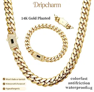 [Set] 14K Real Gold-Plated Cuban Necklace & Bracelet, Miami Link Stainless Steel Thick Anti-Friction Chain with Diamond Clasp, 6/8/10/12/14MM Colorfast Waterproof Hip Hop Jewelry for Men