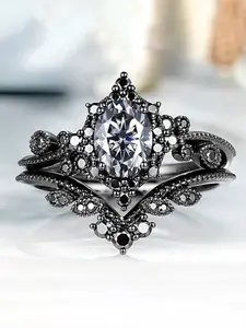 European American Gothic Style Black Rhodium-Plated Zircon Jewelry Rings, Fashion Floral Crystal Band for Men & Women, Retro Personalized Jewelry, Great for Halloween, Valentine’s Day, Graduation & Engagement Gift.