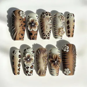 Brown Leopard Flower Press on Nails, 3D Floral Coffin Nails, Neutral Animal Print Fake Nails, Handmade Boho Nail Set