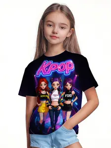 Girls Kpop Short Sleeve Tee, Neon Stage Cartoon Print Summer Breathable T-Shirt, Outdoor Casual Comfort Fabric, Perfect Gift
