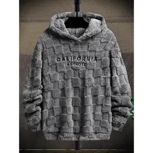 Men's Letter Embroidery Drop Shoulder Fuzzy Hoodie, Regular Fit Casual Fashion Fabric Long Sleeve Hooded Sweatshirt for Spring & Fall, Mens Clothing, Fashion Men's Longsleeves Clothes for Daily Wear, Streetwear, Trendy Clothes