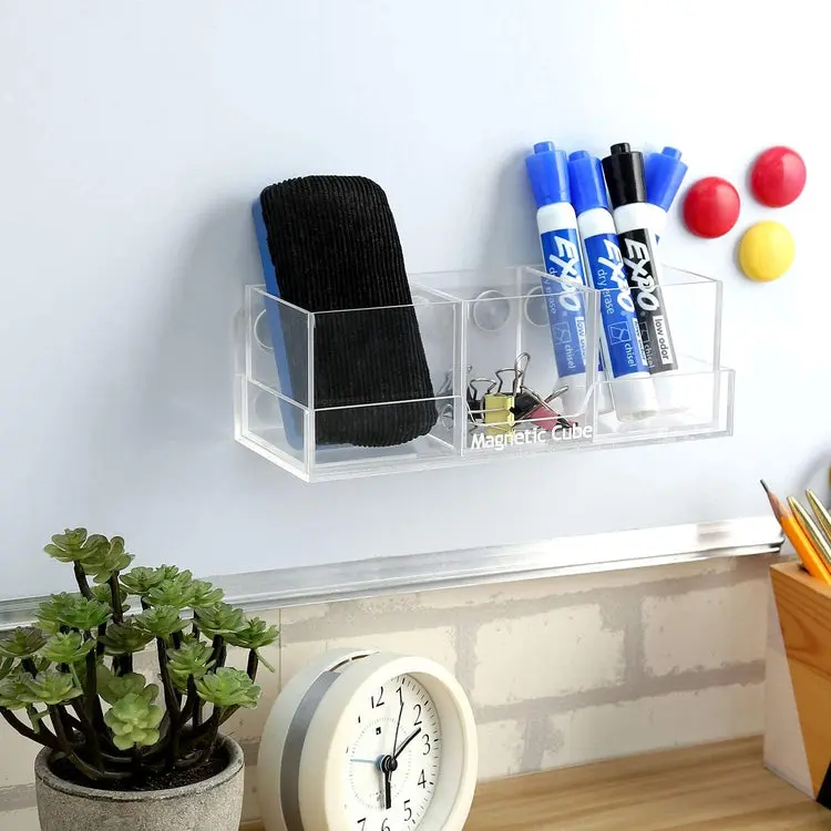 Clear Acrylic Magnetic Dry Erase Whiteboard Marker Holder Set with 1 Tray and 3 Detachable Boxes
