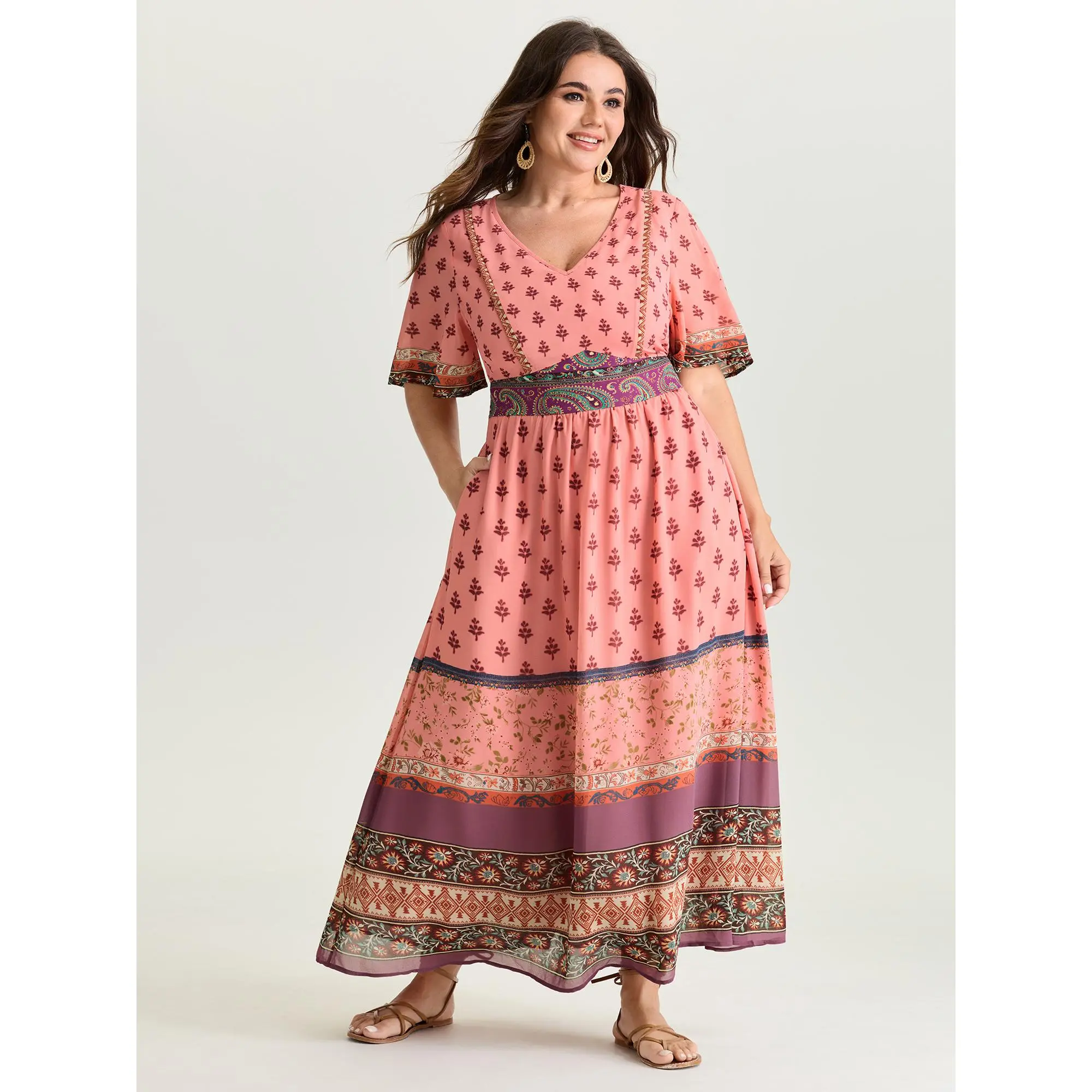 BloomChic Women's Plus Size Boho Maxi Dress, Floral Paisley V-Neck with Flutter Sleeves and Shirred Bodice, Summer Casual Wear with Pockets, Smooth, Fabric, Garment, Bohemian, Fit, Multicolor, Women's Clothes, Low Iron, Half Sleeve, Polyester, Colorblock,