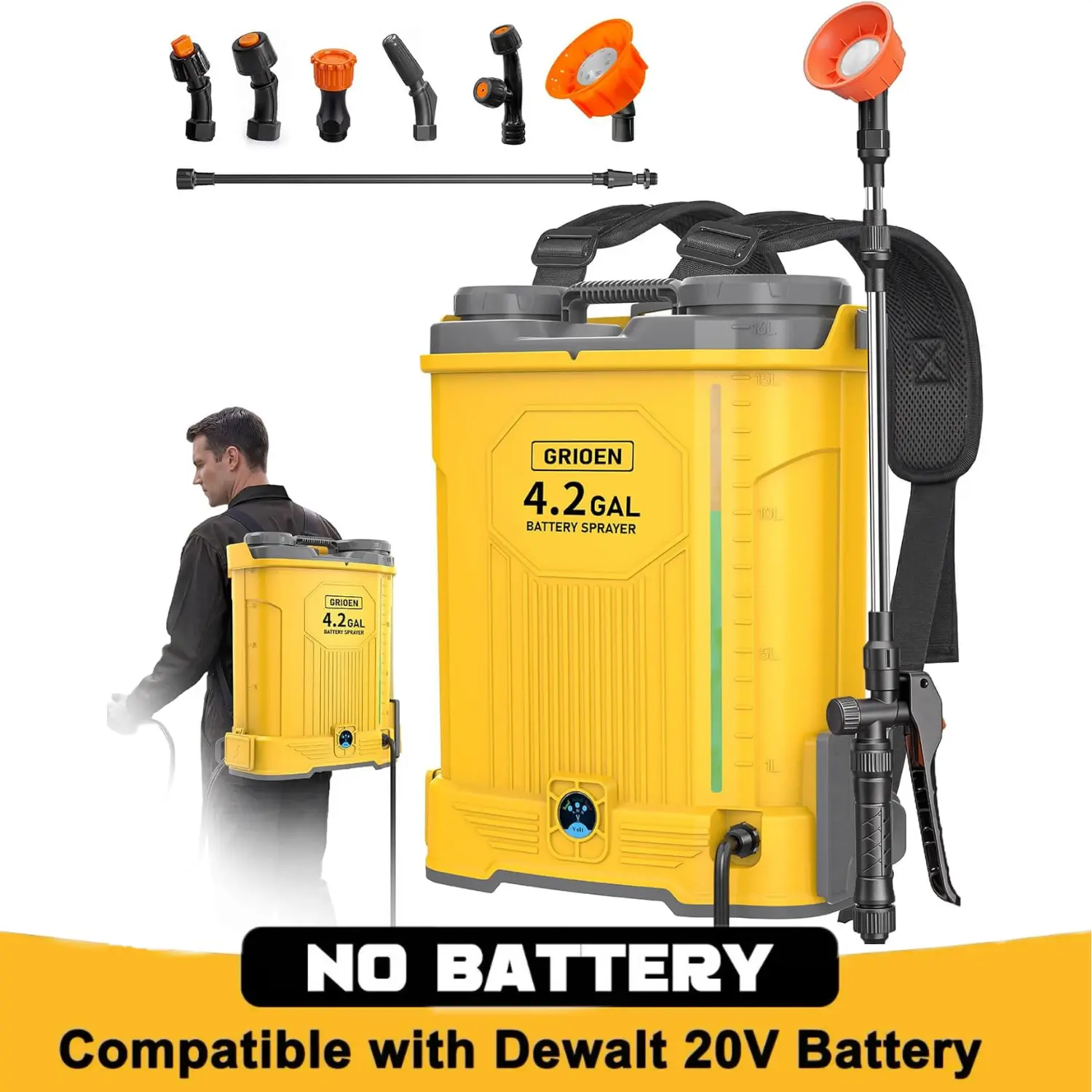 GRIONE Battery Powered Backpack Sprayer Compatible with DeWalt 20V MAX Battery -100 PSI Electric Weed Sprayer 4.2 Gallon, Yard Garden Sprayer (No Battery) with Visible Water Level for Lawn, Garden, Yard