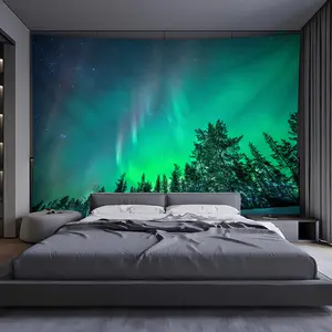 Super Large Size Aurora Forest Tapestry, Natural Plants Landscape Polyster Tapestry, Wall Hanging For  Living Room Bedroom Office Home Decor/Room Decor/Party Deco, Live Streaming Background, With Free Installation Package