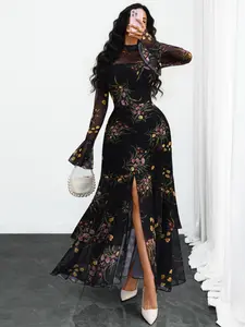 Women's Gothic Floral Print Mesh Long Sleeve Fitted Dress, Dark Fashion Split Design Slit, Elegant A-Line Gown, Perfect for Parties and Special Occasions