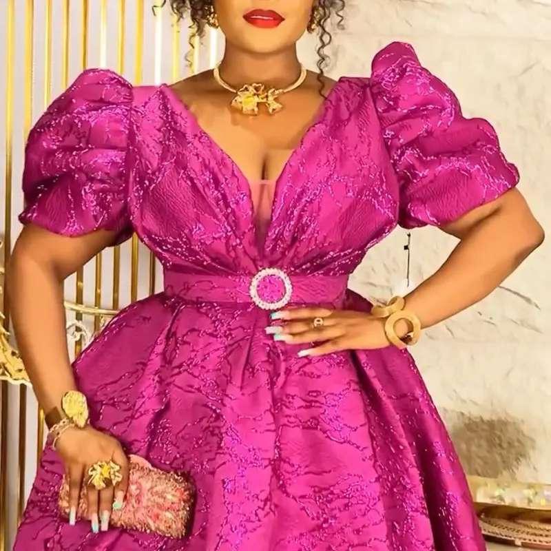 Metallic Magenta Pink Brocade Wedding Guest A-Line Gown Pleated Long Maxi Mother ofThe Bride Cocktail Birthday Anniversary Reception Turkey Party Dress Women's Plus Size Formal Wear Elegance Style