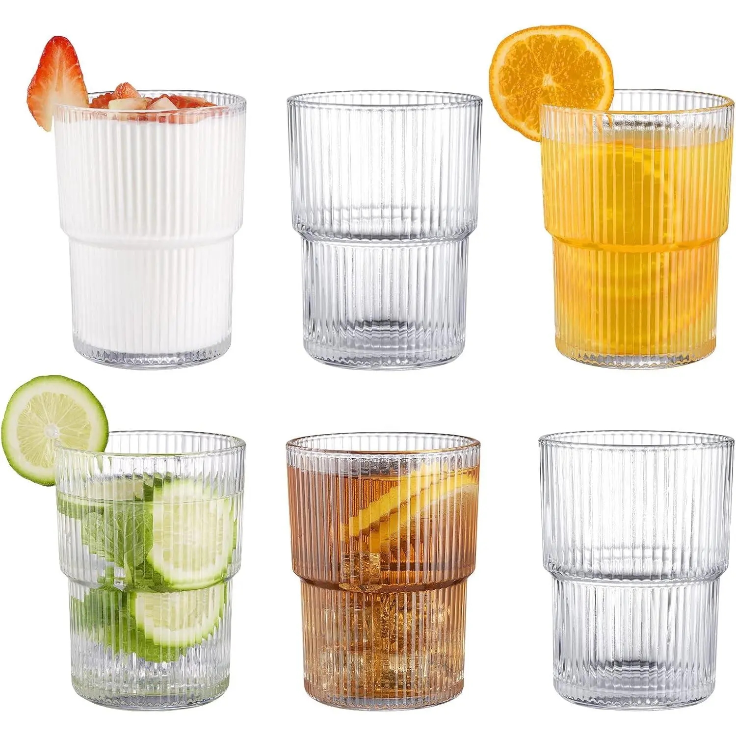 14 Oz Ripple Ribbed Glassware Drinkware Set of 6 - Vintage Fluted Cute Cocktail Glasses for Iced Coffee, Water | Drinkware Glass Set for Home, Party Supplies