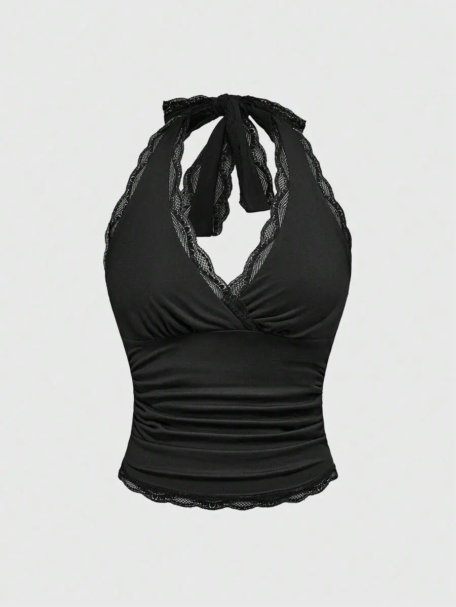 Grunge Punk Plus Size Women Lace Trim Backless Halter Top