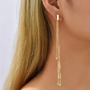 Copper Simple Snake Chain Tassel Earrings, No Plating Iron Ear Needle, Fashionable Gold-toned Drop Dangle Earrings for Daily and Vacation Wear, All Seasons Suitable - 1 Pair