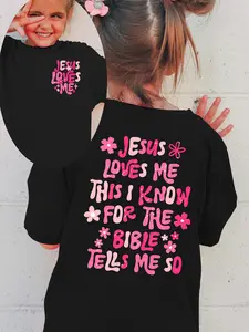 Girls' Fitted Cotton Short Sleeve T-Shirt, "Jesus Loves Me This I Know" Lettering Floral Religious Graphic, Casual Christian Faith Clothes Top Daily Wear Kids