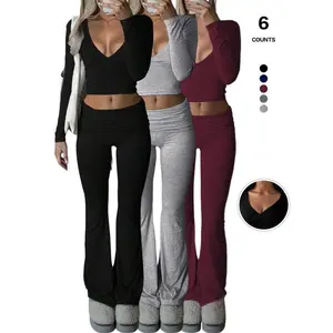 2026 Women's Two Piece Matching Set Long Sleeve Deep V Neck Crop Top and Foldover Flare Leggings Yoga Outfit Yoga Clothes Set