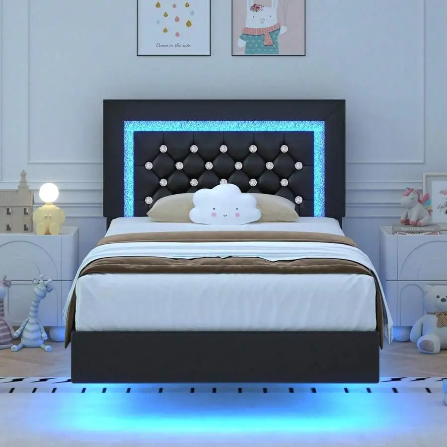 LED Lights Floating Upholstered Diamond Tufted Headboard with Bed Frame, PU Leather, Strong Wood Slats Support, No Box Spring Needed, Easy Assembly, Queen Size, Light Up Your Space, Modern Indoor Furniture Bed Frame, Floating Bed Frame