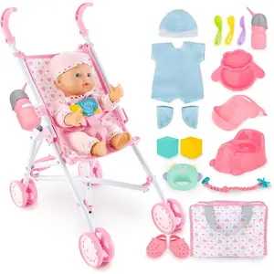 Baby Doll Stroller Set with 13 inch Doll,Kids Play Stroller Toys,13" Baby Doll Set with Foldable Doll Stroller,18 PCS Baby Doll Accessories with 2 Sets Doll Clothes