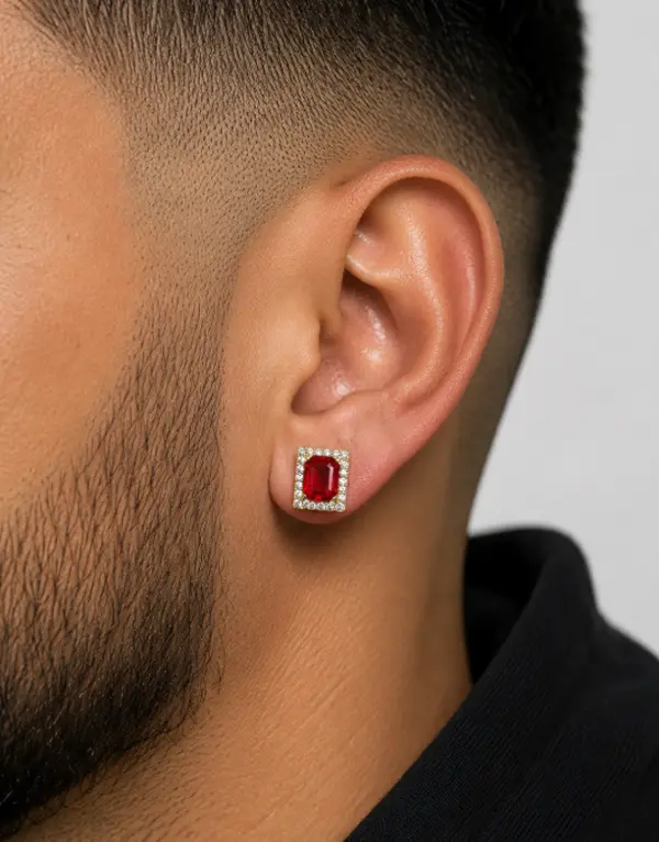 Large Iced CZ 14K Gold Plated Lab-created Red Ruby Stone Earrings Set